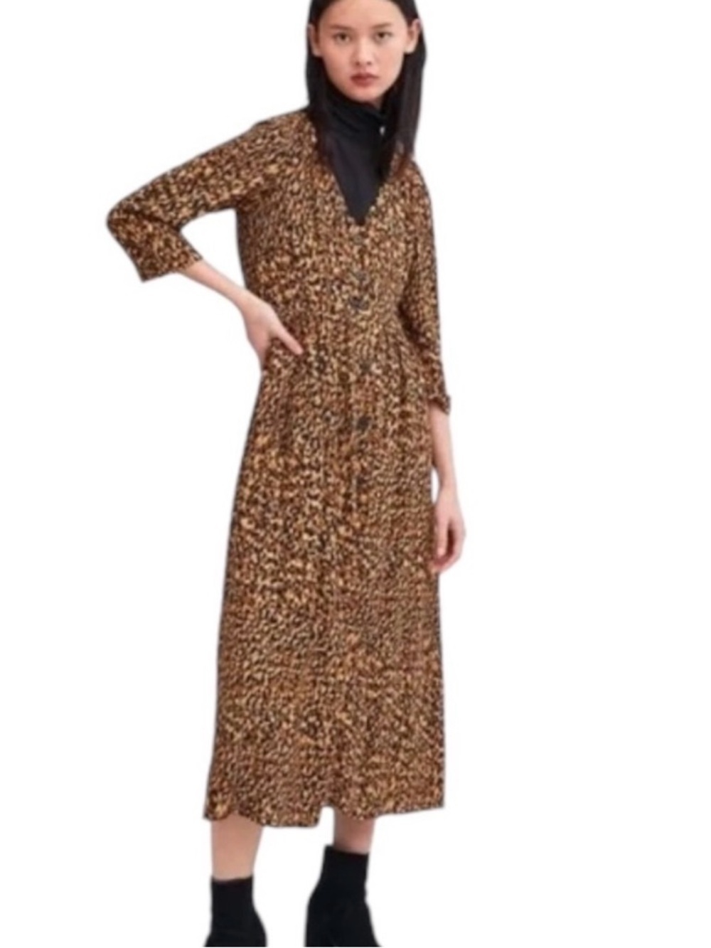 Zara TRF Leopard Print Midi Dress XS Button Front V Neck Pockets 3/4 Sleeve - Picture 2 of 10
